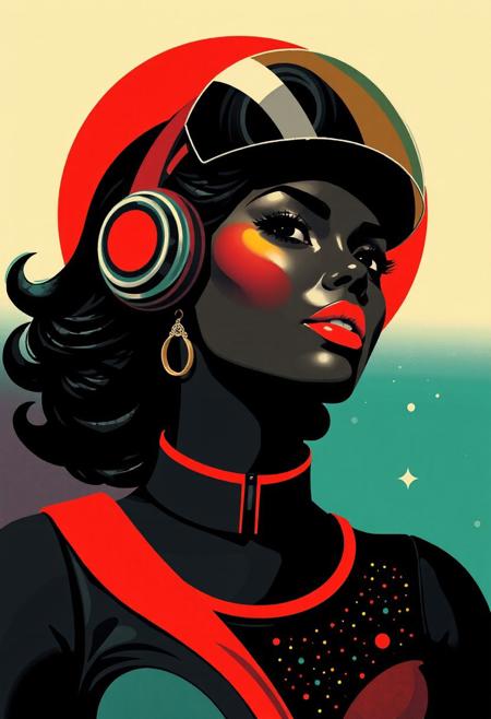 art-deco black spacewoman , vibrant color palette,  bold graphics