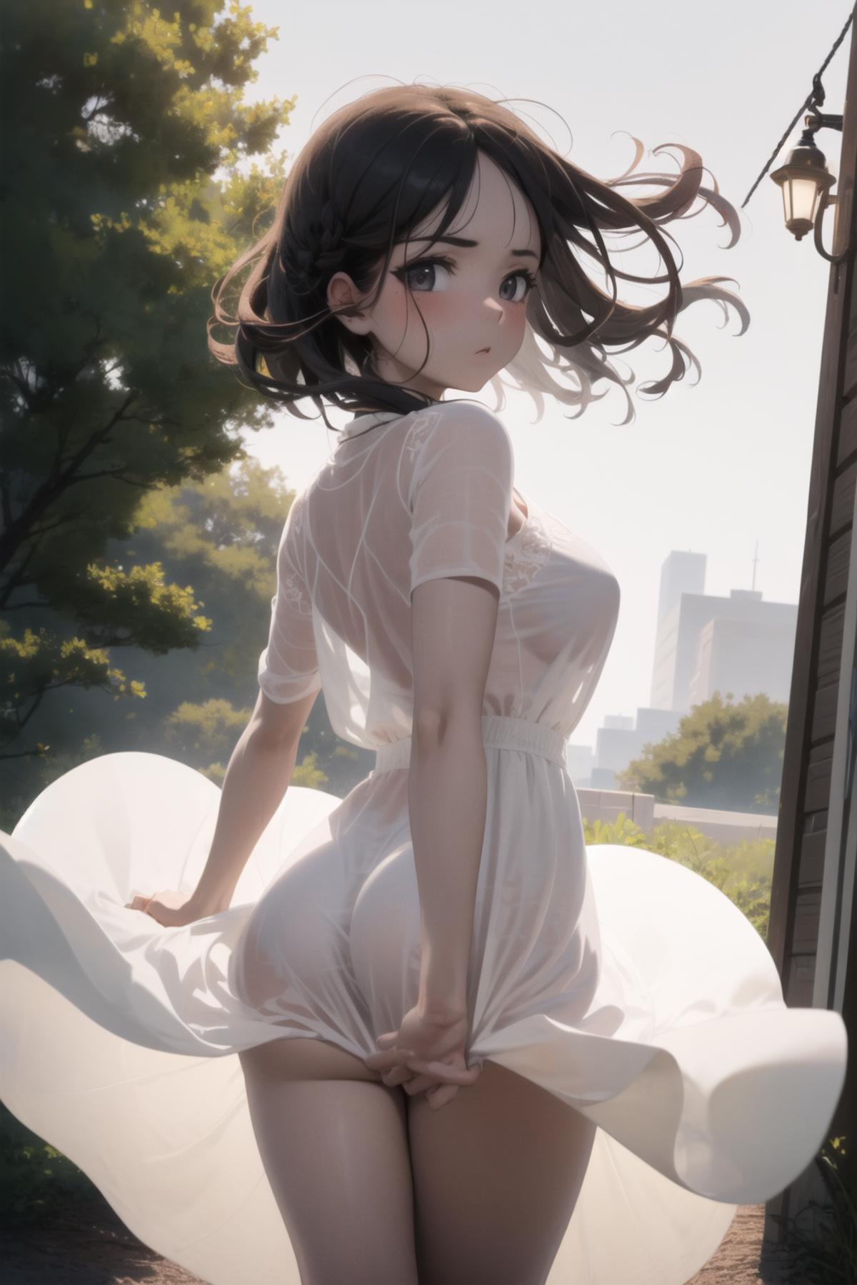 Anime girl in white dress with her back to the camera.