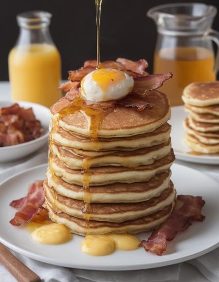 A classic American breakfast plate with fluffy scrambled eggs, crispy bacon, golden hash browns, and a stack of buttermilk pancakes drizzled with maple syrup, served on a white ceramic plate.
