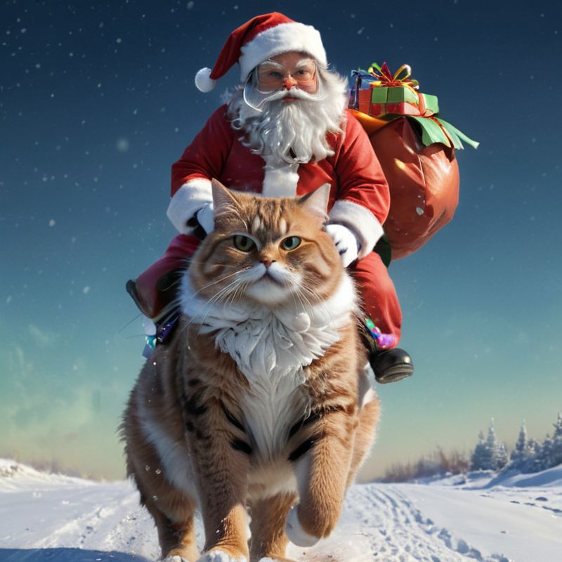 A Santa cat in a reindeer costume with a sled.