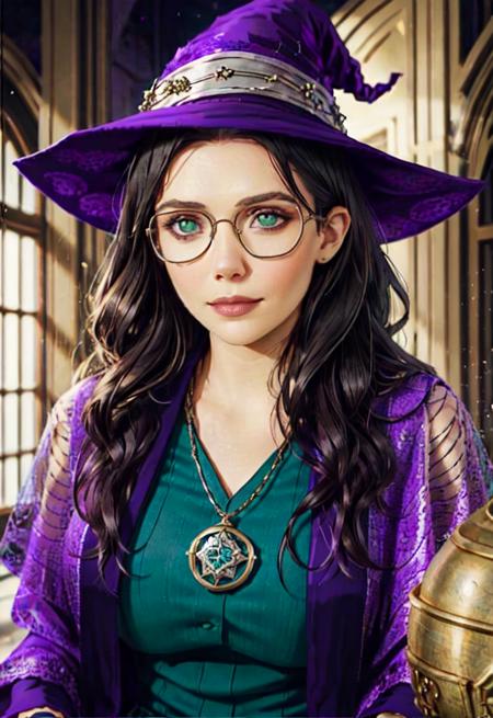 best quality, 1girl,  elizabeth_olsen, lips, portrait of witch lady, round eyewear, glowing eyes, eye focus, short black hair, purple hat, ornate robe, dark medieval room indoors, cauldron with green potion, spider web, particles, fantasy