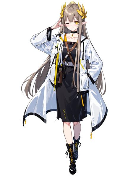 masterpiece, best quality, 
1girl,
1girl, solo, long hair, pointy ears, one eye closed, white background, simple background, full body, coat, skirt, long sleeves, boots, black footwear, open clothes, open coat, very long hair, black skirt, white coat, looking at viewer, choker, smile, yellow eyes, closed mouth, standing, bangs, black choker, salute, shirt, hair ornament, mole, mole under eye, jacket, grey coat, blush, sidelocks, collarbone, brown hair, long skirt, hand on hip, black hair
 <lora:Muelsyse_v1.4-000006:1:CHARACTER> <lora:animeScreenshotLikeStyleMixLora_v10:0.7:BACKGROUND>