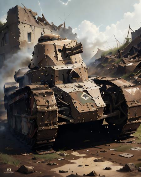 artwork of a rft17 tank with military insignia advancing in muddy terrain, French flag, fire, ruins, zoomed out, front view, epic, cinematic, Triage, Fog, Cold sweat,Rattling breath, Dissonant,Grim, Anguish,Numbness,Alienation, Broken mirrors, Glazing, Framing, Earth tones, in the style of Max Ernst,Ivan Albright,Dorothea Tanning, ultra detailed, intricate, surrealism, oil on canvas, dry brush, <lora:rft17_v1:1>