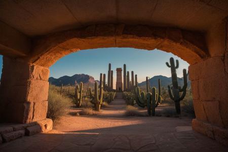 raw photo, a sunset landscape, Arizona desert, Saguaro Cactus, Tall Mesa,  cozy,  (tall ancient towers; 1.39) (temple complex emerging from canyon) , photorealistic, high detailed texture, 8k uhd, dslr, soft lighting, high quality, film grain, Fujifilm XT3, Sony A7 IV, highly detailed photography, (muted colors, cinematic, dim colors, soothing tones:1.2), vibrant, insanely detailed, hyperdetailed, (dark shot:1.2), (vsco:0.3), (intricate details:0.9), (hdr, hyperdetailed:1.2) (highest coherency: 1.39) (highest quality: 1.39) (rule of Thirds) (award winning) (breathtaking) (masterclass) (vibrant color: 0.79) (distant hillside)(cinematic lighting, David Park, lights,) (FanRu)