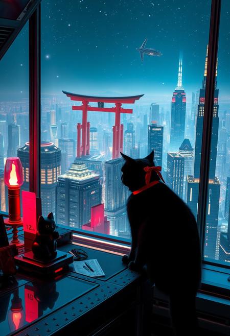 A sleek black cat with red collar sits on a cluttered metal riveted desk with transparent top and rgb led computer components visible inside, On the desk are a maneki neko statue and a lava lamp, the Black Cat is looking out of a seamless and futuristic floor to ceiling window that looks out at thousands of enormous wide and tall futuristic skyscrapers from a large window in a descending spaceship, a beautiful woman, 24 years old, is standing next to the cat looking out at the enormous city at night, filled with buildings of many shapes and sizes, some over a mile tall))), the woman is dressed in an ornate Japanese style bath robe. An enormous deco starship with futuristic lighting and design is visible high above the city, and a space station is visible in the background among the stars, The woman's hair is messy from just waking up and tied up with a ribbon. Artistic cyberpunk, dynamic perspective, (((overall architectural aesthetic is Art Deco Cyberpunk))).  (((A large futuristic building shaped like a torii gate stands among the enormous tokyo structures,)))