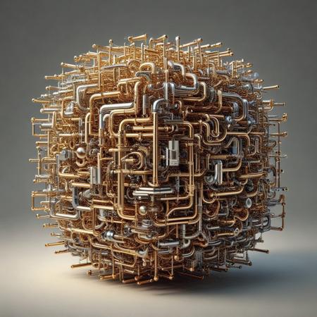 raw photograph of a surreal cube constructed entirely of interwoven brass pipes in qu4ntum style, glowing silver wires spiraling along the edges, intricate golden circuitry engraved across the surfaces, quantum energy pulses radiating softly from its hollow core, set against a dark void with swirling neon energy trails
