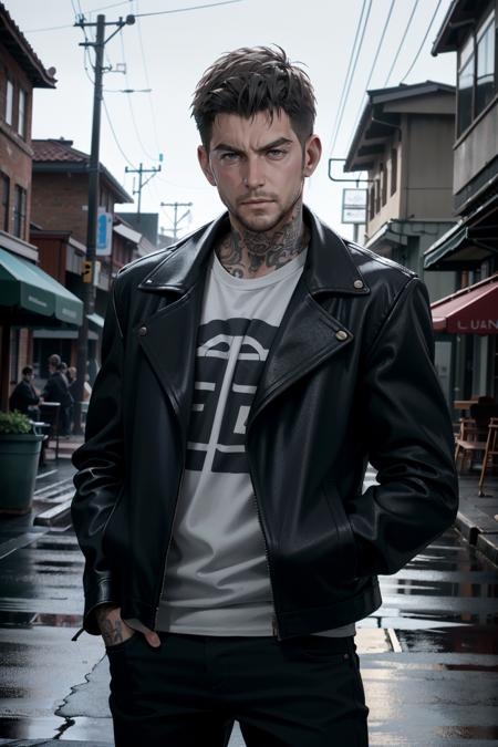 ((ultra detailed, masterpiece, best quality))
 <lora:REVChris:0.8>
REVChris, 1boy, solo, short hair, Under the glow of a streetlamp, fitted leather jacket, casual yet stylish, a glimpse of tattoos visible, hands in pockets with a nonchalant pose