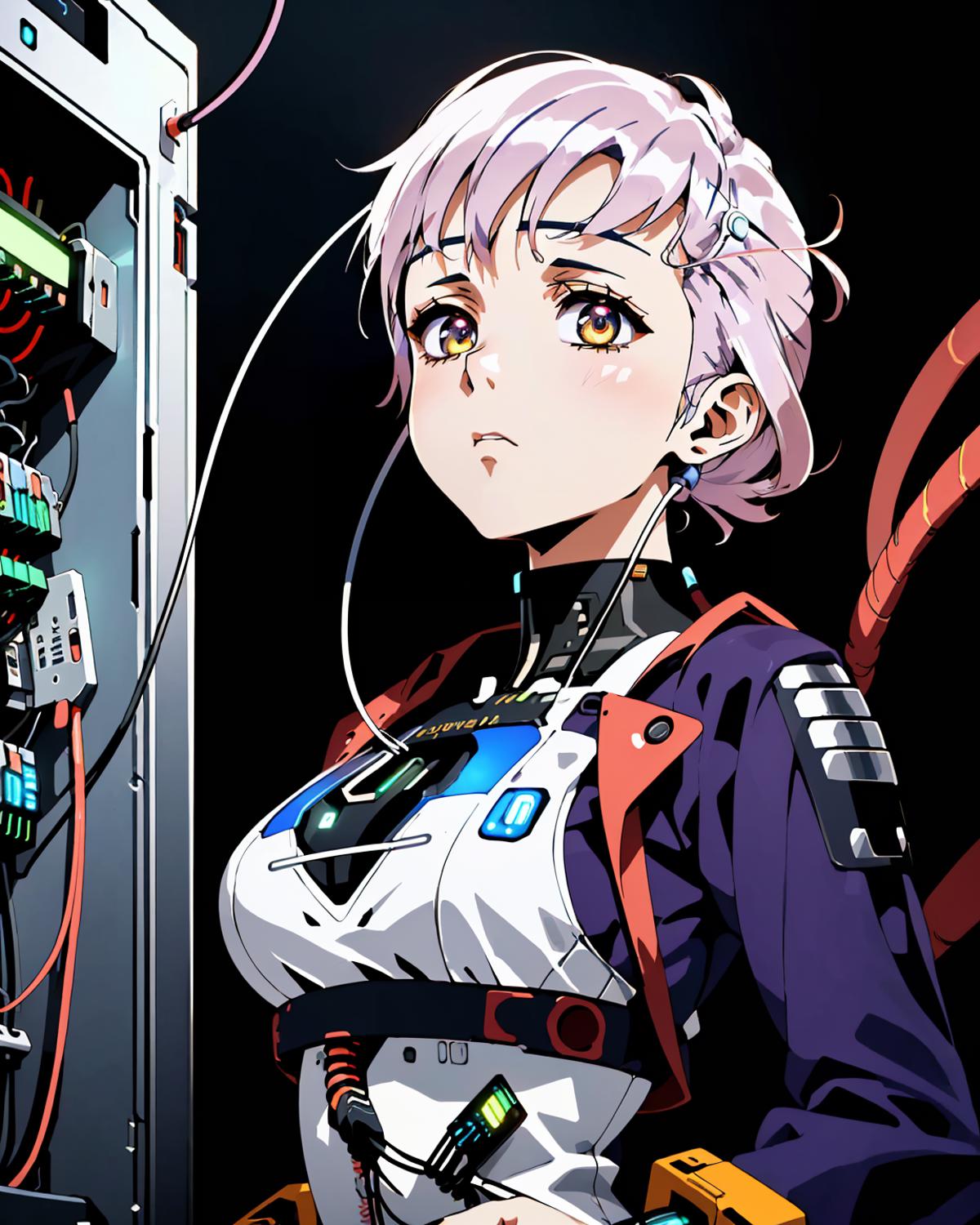 Anime Character with Purple Hair and Circuit Board Strap.