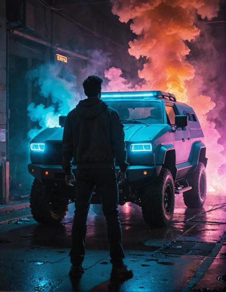 masterpiece, best quality, a cybertruck, Neon, Smoke, Volume Lights, A man standing,