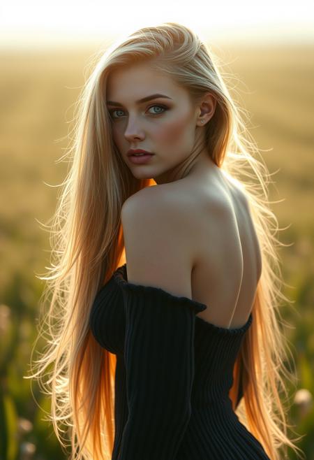 (,((score_9, score_8_up)):1.5),source_photo,hyper-realistic,photorealism,realistic lighting,full-length (side view:0.33),((in a ((bright)) hazy++ dreamy wonderland open fields)), 1girl,beautiful,sexy,21 year old, european Scandinavian,alternative vibe, blonde ((extremely long++ hair:1.5)), side-parted hair, over face, hair past her feet, hair to the ground, longest hair ever, beautiful face,cute face,beautiful blue eyes,contoured eyebrows,((big bursting round breasts:1.42)),(perfect detailed nipples),((fitted ,erotic model, full lips, skin colored lips, glossy lips, seductive,(eyeliner),(mascara), (deep cleavage),((perfect butt)),wide hips, thick thighs,thick body, arched back,(showing lots of skin), (bokeh),cinematic lighting,realistic shadows,realistic skin texture, masterpiece,Award-winning photography,((dreamy wonderland sunset backlighting))