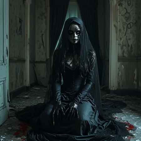 Darkness in the form of a female figure sits on a chair in a black lush gothic strict closed dress, black long gloves, closed face, black papier-mâché mask with red veins on the face, the dress slides to the floor and spreads with black ephemeral tentacles on the floor and walls, a black thick veil on the face, glowing eyes are visible through the veil, an ominous aura, medium shot, night, an old abandoned room in a mansion with torn wallpaper and a rotten floor, a window with a bright full moon, a cold atmosphere