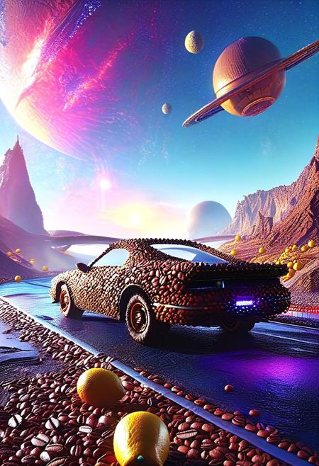 Dusk, Out Of Time, Highway, Dreamland, Spaceship made of coffee beans, Hunted, Lies, Nowhere, Lemons, Player, Chaos, 
3d-rendering, concept-art, digital, dreaminess, futuristic, multimedia, virtual-reality, 
eeriness, fantasy, other-worldliness, science-fiction, surreal, colorful, sci-fi, technological, alien worlds, space themes, advanced civilizations, 
intricate details, highly detailed, ultra-detailed, absurdres, unreal engine, octane rendering, high contrast, vivid, vibrant, volumetric lighting, sharp focus,