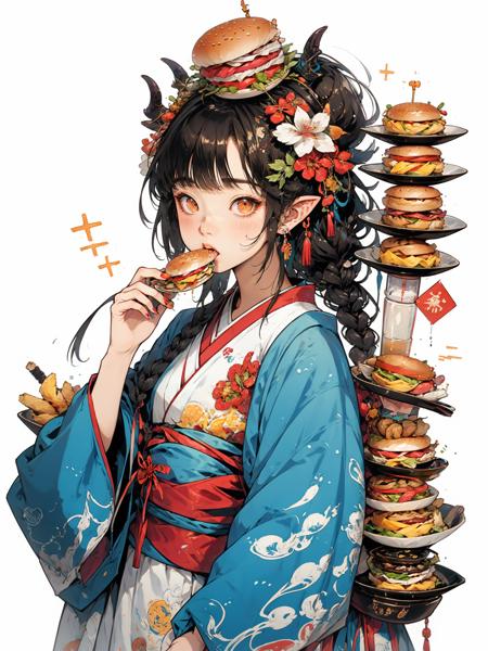 HEZI, burger, food, 1girl, japanese clothes, kimono, black hair, braid, long hair, holding, solo, upper body, hair ornament, holding food, looking at viewer, bangs, long sleeves, blush, horns, sash, eating, flower, wide sleeves, blue kimono, obi, french fries, fang, drinking straw, pointy ears, object on head, food on head, white kimono, single braid, animal print, chinese zodiac, cup, earrings, jewelry, food in mouth, hair flower, nail polish, mouth hold, sidelocks, brown eyes, orange eyes, egasumi, print kimono, new year, white background, braided ponytail <lora:çå­ç³»åââåè´§å¥³å­©:0.65>