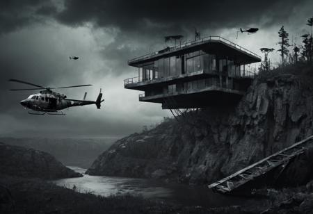 horror-themed A rusted helicopter flying around a fantastic modern house in a cliff in the middle of a storm, mostly black and white, swamp, shadowy creatures, eerie, unsettling, dark, spooky, suspenseful, grim, dark  themed background.