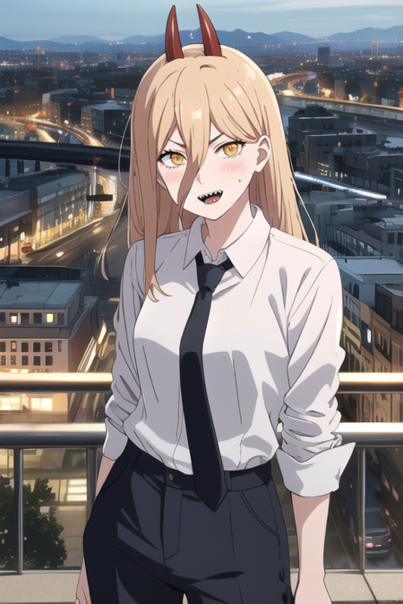 anime coloring,anime style,long hair,horns,red horns,1girl,hair between eyes,symbol-shaped pupils,cross-shaped pupils,blonde hair,looking at viewer,teeth,shirt,sharp teeth ,demon horns,solo,(((city background))),white shirt ,yellow eyes ,collared shirt ,jacket,necktie,pants,blush ,black necktie,medium breasts,tongue out ,hair ornament,orange eyes