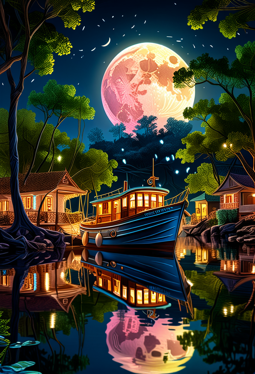 Paradise by night, full illuminating moon, reflection, a boat, shadow trees, glowing, masterpiece, best quality, double exposure, realistic, whimsical, fantastic, splash art, intricate detailed, hyperdetailed, maximalist style, photorealistic, concept art, sharp focus, harmony, serenity, tranquility, mysterious glow, soft colors, ambient occlusion, halation, cozy ambient lighting, dynamic lighting,masterpiece, liiv1, linquivera, metix, mentixis, masterpiece, award winning,