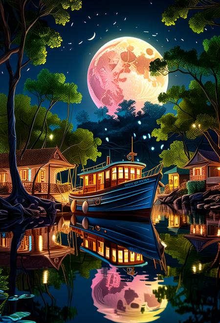 Paradise by night, full illuminating moon, reflection, a boat, shadow trees, glowing, masterpiece, best quality, double exposure, realistic, whimsical, fantastic, splash art, intricate detailed, hyperdetailed, maximalist style, photorealistic, concept art, sharp focus, harmony, serenity, tranquility, mysterious glow, soft colors, ambient occlusion, halation, cozy ambient lighting, dynamic lighting,masterpiece, liiv1, linquivera, metix, mentixis, masterpiece, award winning,