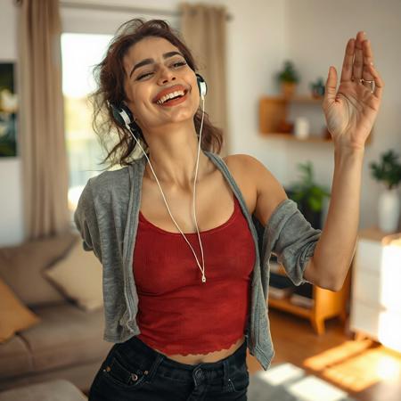 lovely woman, 25yo, sexy dancing solo to music on ear buds, hand in air, relaxed, excited, body twisted, head tilted, emmersed in joyful music, living room
