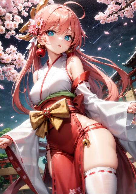 close-up,cinematic angle ,colorful startrails,((Cherry blossoms)),(torii),solo,neat figure,(young girl),(long hair),(aqua_eyes),(pink hair),(beautiful detailed eyes),((japanese_clothes)),(miko thighhighs),(geta),A rock with runes,ribbon,hair ribbon,bell,hair ornament,hair flower,hair bow,(ray tracing),reflection light,(((masterpiece))),((Clear picture)),(ahoge),ray tracing,(best quality), ((masterpiece)),(highres), original, extremely detailed 8K wallpaper, {an extremely delicate and beautiful},incredibly_absurdres,colorful,intricate detail,artbook,,{best quality}, {{masterpiece}},