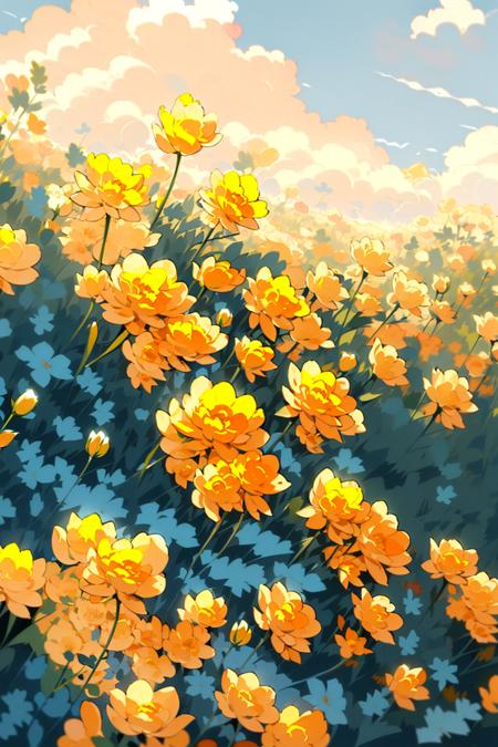 no humans, flower, sky, outdoors, blue sky, day, field, yellow flower, flower field, scenery, blurry, orange flower, depth of field, red flower, blurry foreground <lora:Flower field_20230729165144:0.8>