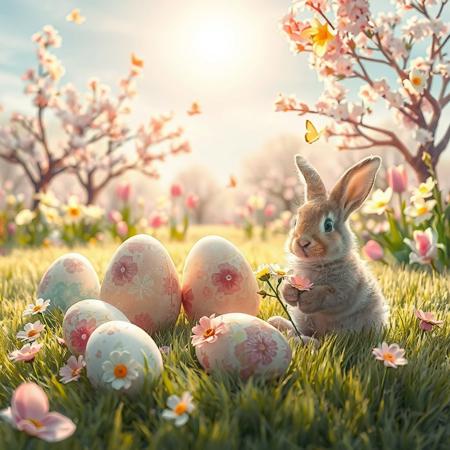 "Create a cute and cozy Easter-themed image made in soft pastel sequences. In the foreground, several bright Easter eggs are formed, decorated with beautiful patterns and flowers that have remained on the soft grass. Next to the eggs, a small rabbit with eyes and fluffy fur sits, holding a flower in its paws.
In the background, there are blooming trees with pink and white flowers, as well as spring flowers such as tulips and daffodils. The soft sun shines in the sky, creating a warm holiday atmosphere. Add a few butterflies fluttering around to keep the spring mood.
The overall lighting should be soft and warm to create a feeling of coziness and joy