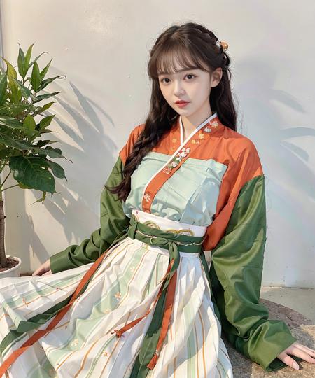 masterpiece, best quality,realistic,1girl,(hanfu, red long shan,  green with white pleated skirt, orange songmo),<lora:hanfuSong_v35:0.6>, upper body