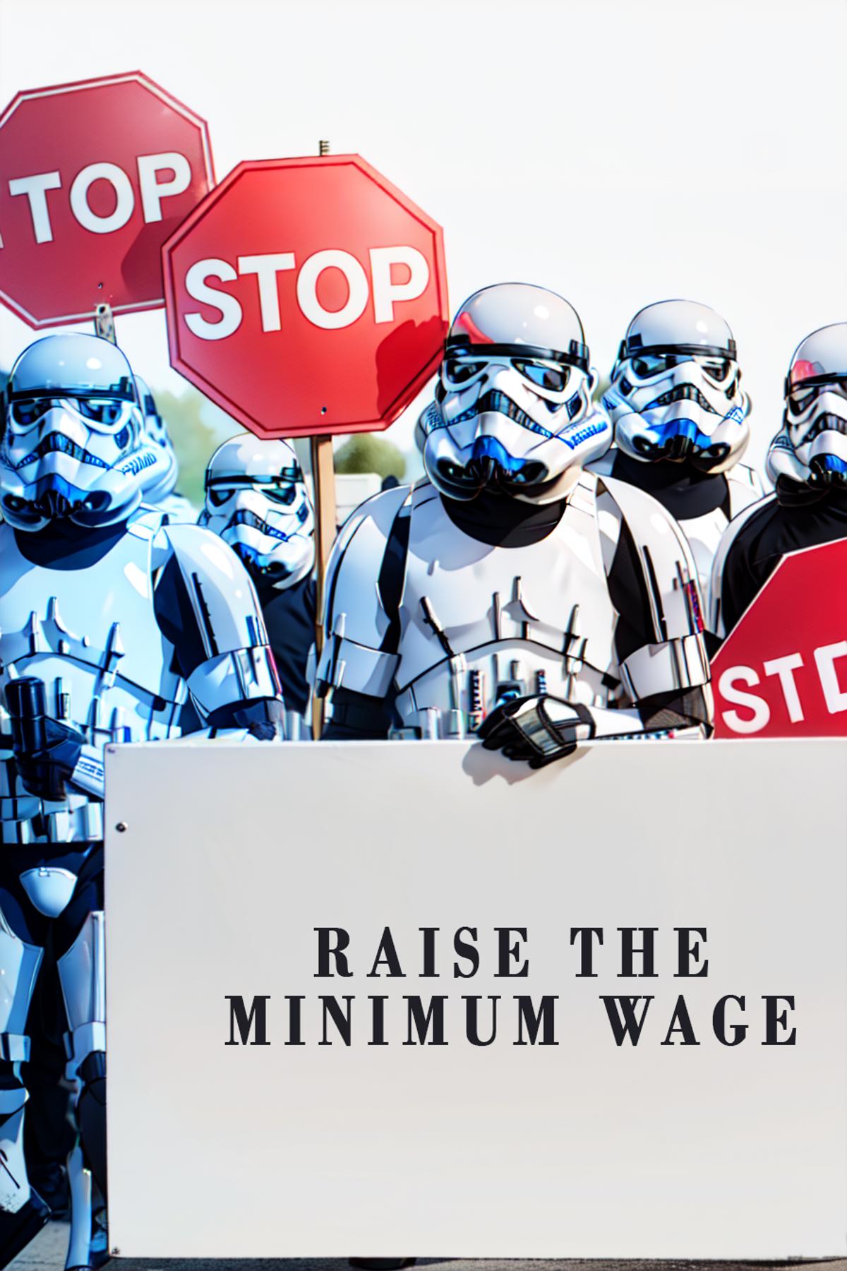A group of Stormtrooper actors holding a sign for raising the minimum wage.