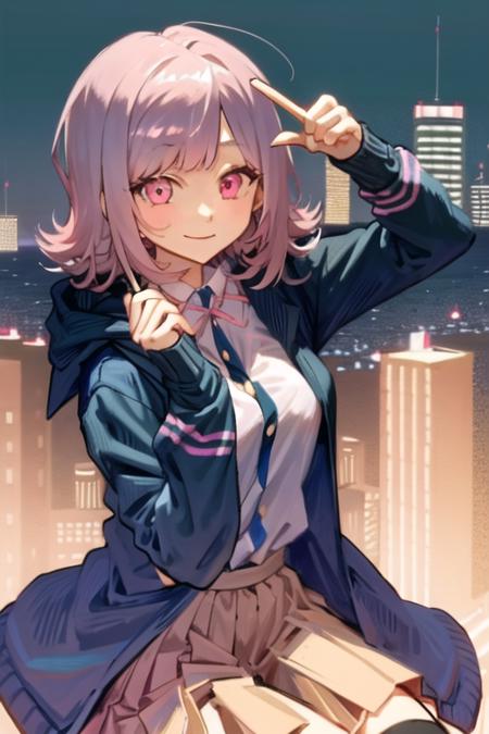 <lora:ChiakiDGv3:1>, ChiakiDG, masterpiece, solo, 1girl, jacket, looking at viewer, long sleeves, white shirt, collared shirt, light pink hair, city, buildings,  smile, (black jacket:1.2), pink eyes, eyebrows visible_through hair, pink ribbon, official style, pink blood,  brown skirt,