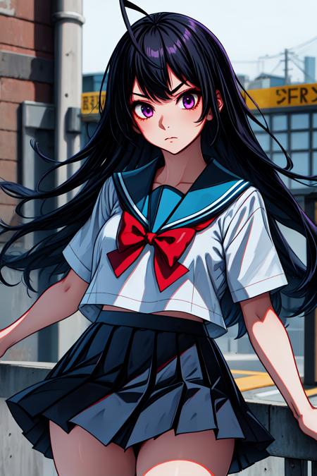 1girl, cowboy shot, serious, looking at viewer, 
yonagi_kei, purple eyes, long hair, black hair, (ahoge:1.2), school uniform, serafuku, sailor collar, short sleeves, pleated skirt, <lora:yonagi_kei_lora_ver3:0.7>, best quality, masterpiece, highres, <lora:GoodHands-vanilla:1>