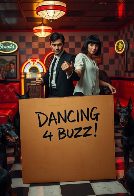 Create a highly realistic image of a dance scene inspired by “Pulp Fiction,” with a distinctive twist. The setting is a 1950s diner with black-and-white checkered floors, red vinyl booths, and neon lights casting a warm, nostalgic glow. A vintage jukebox adds colorful light in the background.
In the foreground, two characters are mid-dance: a man with slicked-back dark hair in a sharp black suit, white shirt, and skinny tie, and a woman with a sleek black bob haircut, wearing a white blouse and black pants. They strike a lively, playful pose.
Prominently in front of them is a large cardboard sign, almost stealing the spotlight. The sign reads “DANCING 4 BUZZ!” in bold, hand-drawn letters, with a worn, DIY appearance. The cardboard, slightly creased and smudged, adds a quirky, humorous element to the scene.
Surrounding the dance floor are several dobermans with sharp, realistic features and glowing red eyes, their tense postures creating an eerie, surreal contrast to the vibrant dance. The prominent cardboard sign in the foreground blends humor with the intense, otherworldly atmosphere, making the overall image vividly real yet unsettling.