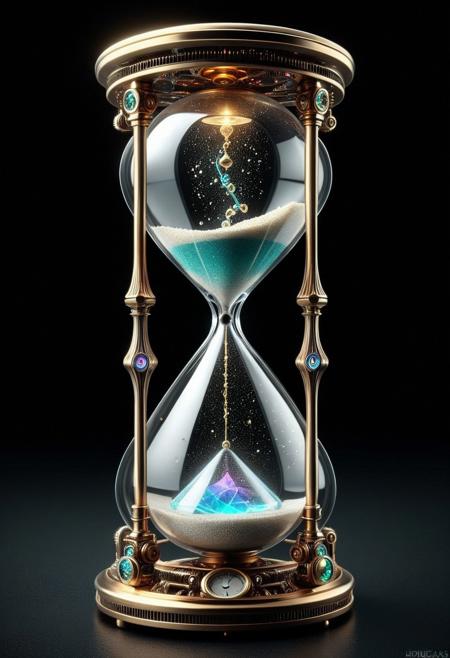 best quality, masterpiece, high resolution, intricate detailed,
cs-cr1stal-v2,
(hourglass:1.1) g3ars, steampunk,
whimsical, hourglass made of single huge brilliant, 
translucent, iridescent, ethereal, majestic, detailed digital art, close up, ground shot, 
dark background, black background,