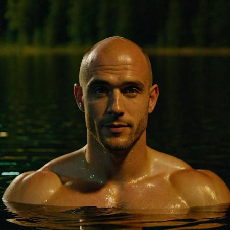 portrait male European man, (swimming in the lake:1.2). (up to neck in water:1.1). (Blushing:1.2). young, bald patch, beautiful, in love. loving. warm gaze. broad shoulders,( large biceps:1.1), shoulder tattoo, cinematic composition, extreme detail, metahuman creator. Night. Fireflies. (Low light:1.4). stars. Reflection. Taken from above. Movie Still, Film Still, Cinematic, Cinematic Shot, Cinematic Lighting.
