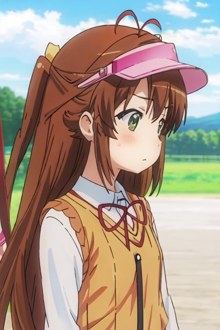 best quality, masterpiece, highres, solo, {koshigaya_komari_nonnonbiyori:1.15}, brown_hair, long_hair, green_eyes, blush, antenna_hair, bangs, 1girl, visor_cap