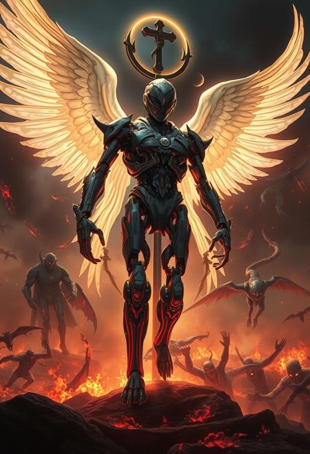 In the biomechanical twilight, a non-catholic  high shaman-machine observes the eternal war. Angelic constructs with bone-white wings clash against demons of living obsidian. Heaven's gates: a labyrinth of flesh and metal. Hell's maw: a pulsating abyss of twisted forms. Souls morph endlessly, caught between light's caress and shadow's grasp. Celestial harmonies battle demonic static. Archangels in exoskeletons of sinew and steel face lords of sin draped in writhing darkness. Hope flickers in neural pathways as despair corrodes. Faith: a virus piercing night's code. Virtue's cyborgs resist the allure of corrupt data. Each consciousness must choose: ascend to digital nirvana or descend into analog chaos. In this surreal spectrum of existence, which reality will your quantum soul inhabit? And no cross on the head