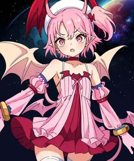 Majolene,pink hair,short hair,side ponytail ,pink eyes,   standing, upper body, 
MajoMagi,gloves,choker,detached sleeves ,white thighhighs ,dress,bracelet, tail, bat wings,demon tail, whit hat, 
outer space, stars, 
(insanely detailed, beautiful detailed face,  masterpiece, beautiful detailed  eyes, best quality)  <lora:Majolene:0.7>