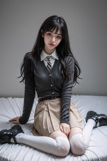 best quality, quality, masterpiece, photorealistic, 1girl, solo, full body, sitting, dating attire, sweater jacket, necktie, collared shirt, brown skirt, belt, black thighhighs, black shoes, simple background, <lora:dating_attire_style2_v2:0.65>