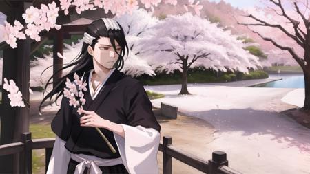 1boy,  <lora:cz_byakuyav2-000002:0.7>, upper body, expressionless, japanese clothes, long hair, solo, cherry blossoms, looking at viewer,