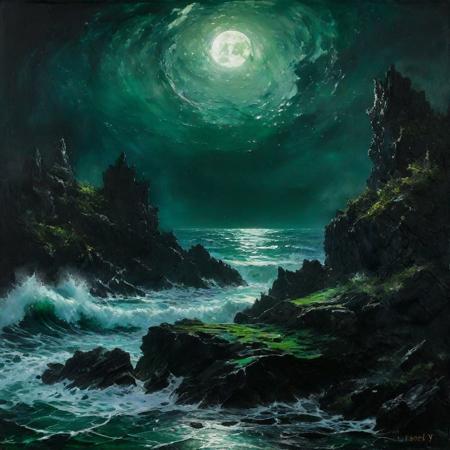 A dark, gothic oil painting depicting a mermaid with a shimmering green tail, nestled on an isolated rock, enveloped by the night's embrace and a tumultuous sea, under the watchful eye of a full moon. The scene's intensity is captured with vigorous, heavy brushstrokes, highlighting the dramatic interplay between the serene mermaid and the wild, untamed sea. The moon bathes the scene in a ghostly light, emphasizing the gothic atmosphere and the mermaid's ethereal beauty. Created Using: intense, textured oil painting style, dramatic use of light and shadow, detailed rendering of mermaid's scale and hair, powerful depiction of the sea's might,   evocative portrayal of the night's mood
