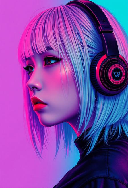 abstract photorealistic ink image in vivid, surreal colour gradient, closeup side portrait of oriental goth cyberpunk woman, straight-cut bob, bangs, headphones, bleached hair
