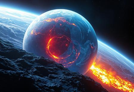 piercing light, (aesthetics:1.1), (low colors:1.2), BREAK, <lora:-_SDXL_-_holo_effect_V1.0:1>, A futuristic epic disaster scene of Earth sinking into another planet made of translucent materials, and its internal structure is clearly visible, including magma spills and light-emitting explosions. its precise construction and possible geostructure. High tech and futuristic holographic planet body scan, bioluminescence, fiber optics, masterpieces, octane rendering, unreal engine, , intricate details, UHDR, 32K