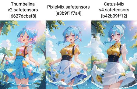 1girl, skirt, solo, outdoors, floral print, smile, shirt, sky, water, looking at viewer, skirt hold, hair bun, open mouth, rainbow, pink eyes, cloud, print skirt, day, blue sky, short sleeves, :d, tree, blue hair, sleeveless, splashing, single hair bun, yellow shirt, lens flare, bangs, breasts, medium breasts, high-waist skirt, water drop, long skirt, sidelocks, white skirt, dutch angle