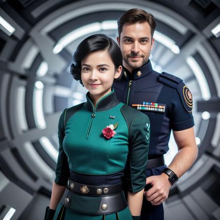 Insane smiling european 33 y.o man in futuristic cocpit, blue eyes, dark green uniform,science fiction, small dark rose as emblems on skirt, short hazel hair, wearing a fancy airy outfit,a one small rose in hair, ultra quality, sharp focus, Fujifilm XT3, crystal clear, 8K UHD, highly detailed glossy eyes, high detailed skin, skin pores, science fiction style <lora:radixX_v10:0.3>