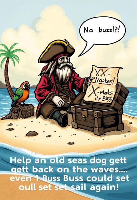 "A washed-up pirate sits on a deserted island, staring at an empty treasure chest. His parrot speaks , 'No Buzz? No booty!' The captain sighs, holding up a soggy, handwritten map that reads: 'X Marks the Buzz.' The caption: 'Help an old sea dog get back on the waves… even 1 Buzz could set sail again!'"