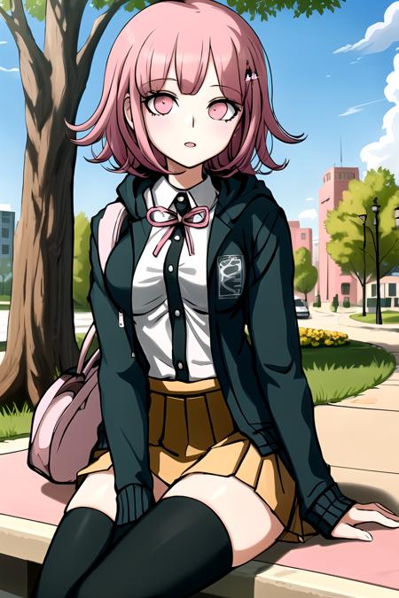 <lora:ChiakiDG:1>, 1girl, solo, hair ornament, shirt, jacket, ribbon, skirt, dress shirt, pink ribbon, open clothes, pleated skirt, white shirt, neck ribbon, collared shirt, hood, open jacket, bag, black jacket, long sleeves, shirt tucked in, brown skirt, hairclip, two-tone shirt, hooded jacket, breasts, medium hair,  (black thighhighs), (pink footwears), cowboy shot,  (perfect hands), sitting, spread legs, outdoors, park, tree, sky, looking at viewer,   <lora:jcm2Style_v1:0.9>, panty,