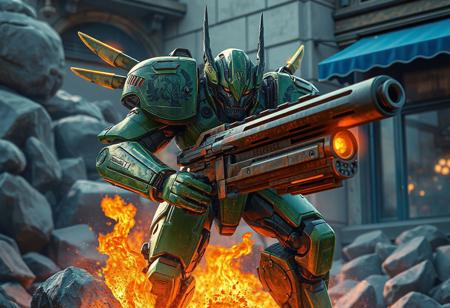 Valkyrie Sigrun robot, green & brown, large gun, fire-lit gray rocks, blue awning building backdrop, dynamic action pose, cinematic, octane render, Unreal Engine 5, splash ink illustration, Raphael style, trending on Artstation, CGSociety, 4k, hyperdetailed face, beautiful eyes, golden ratio, vivid, joyful impact.