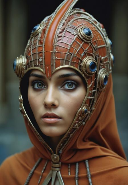 35mm photo by Steve McCurry, futuristic future setting, stunning mexican woman, ultra-detailed skin, detailed eyes with intricate pupils, advanced futuristic clothing, intense and captivating expression, top-quality resolution