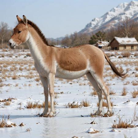 masterpiece, photorealistic, best quality, 8k,  water, river, snow,
 equus kiang, realistic, solo, day, animal, outdoors, field, full body,  <lora:equus_kiang_v1:0.83>