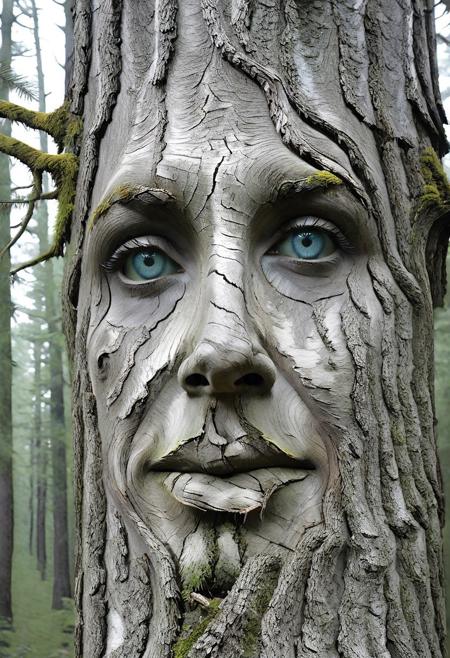masterpiece, highres, detailed, highly aesthetic, engaging, dynamic composition, expressive digital palette, 
dryad,
pareidolia effect creating a beautiful face in branches, a mysterious forest realm, nature, a twisting natural beauty, otherworldly grace, spirit of the forest,
moody, cinematic,