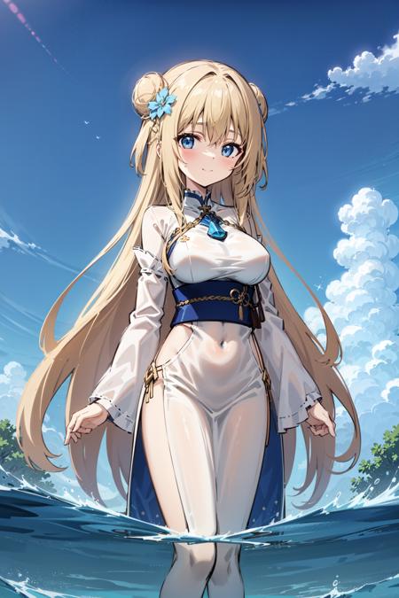 1girl,spot color, blue theme,solo, hair bun, blue eyes, long hair, blonde hair,looking at viewer, breasts, outdoors, blush, closed mouth, smile, long sleeves, hair ornament, bangs, (blue sky,blue_theme,water:1.2), wide sleeves, standing, hair flower, day, cloud, large breasts,very long hair,sidelocks