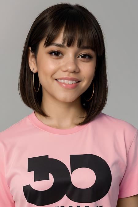 jenna orterga, jenna_ortega_v4 wearing t-shirt, skinny, bangs, 
pink t-shirt, 
head shot, close up, upper body, simple solid background, mid-twenty, age:21, 21 year old, portrait, 
<lora:Jenna_Ortega_V2:0.7>,